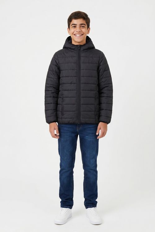 Jaqueta Puffer Infantil com Capuz Preta Juvenil
