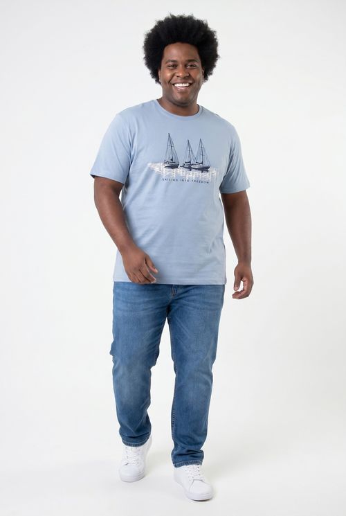 Camiseta Masculina Algodão Azul Claro Estampa Náutica