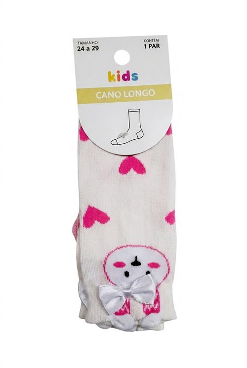 Meia Infantil Menina Branca Cano Longo com Laço 3D