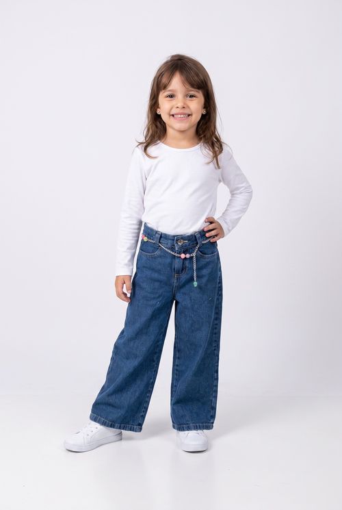 Calça Jeans Wide Leg Infantil Menina Azul com Cinto