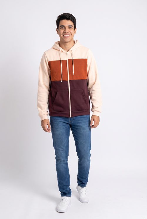 Moletom Masculino com Capuz e Zíper Tricolor Bege e Vinho