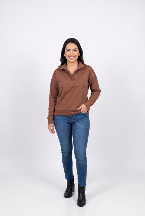Blusa fem comfy fcam004 gola alta ziper marrom