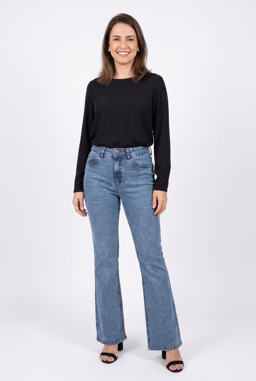 Calça Jeans Feminina Flare Cintura Alta Azul Médio