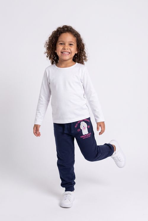 Calça Jogger Infantil Menina Azul Marinho Estampa Poodle