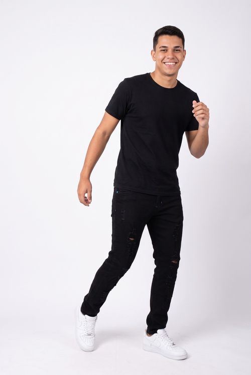 Calça Jeans Masculina Skinny Preta Destroyed