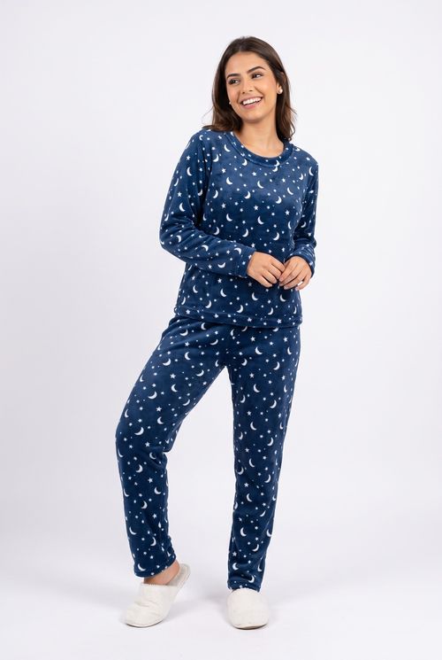 Pijama Feminino em Fleece Estampa Lua e Estrelas