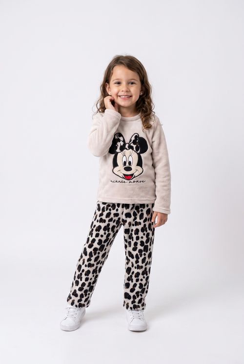 Pijama Infantil Menina Fleece Minnie Animal Print Bege