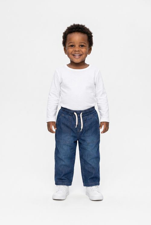 Calça Jeans Infantil Reta com Cós Elástico Azul Médio