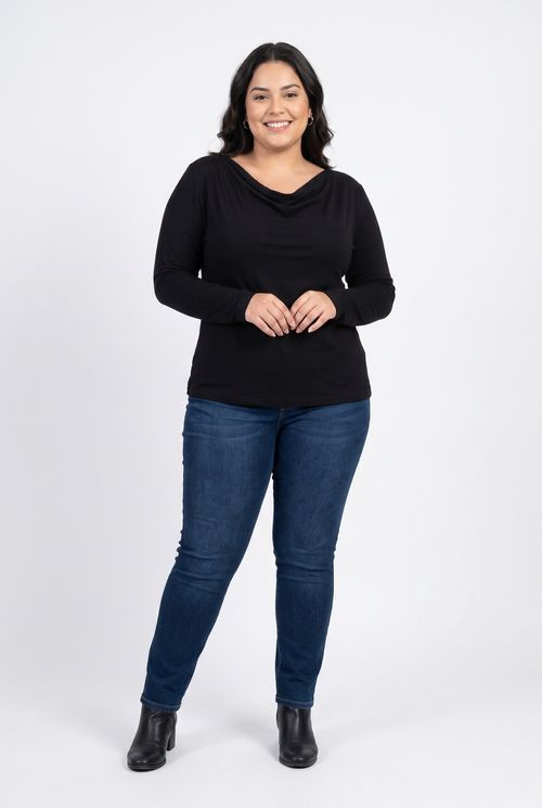 Blusa fem fpm m/l decote degage lisa fgl preto