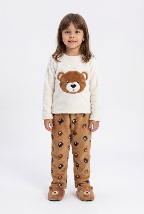 Pijama Infantil Fleece Ursinhos Off White e Marrom