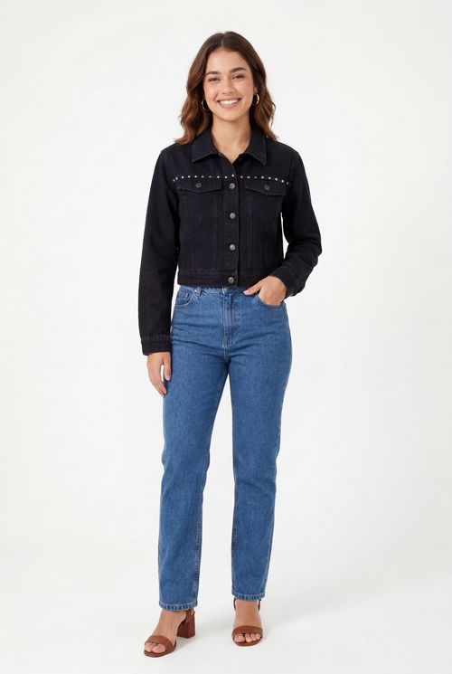 Jaqueta fem aj 32022 jns reg tachas blk jeans preto