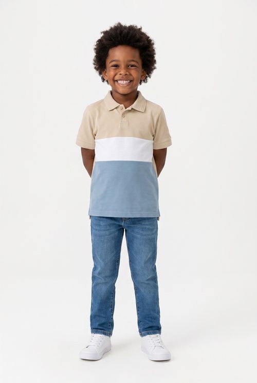 Conjunto Infantil Menino Polo Tricolor e Calça Jeans