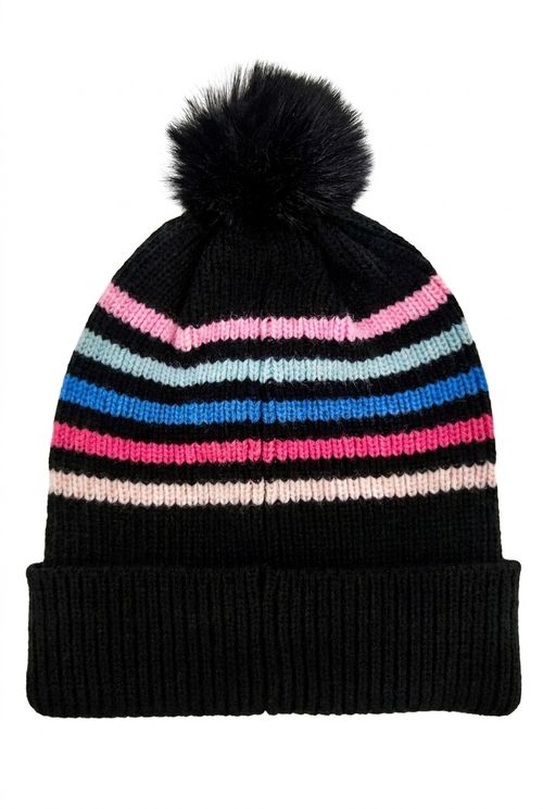 Gorro Infantil Menina Tricô Pompom Listrado Preto