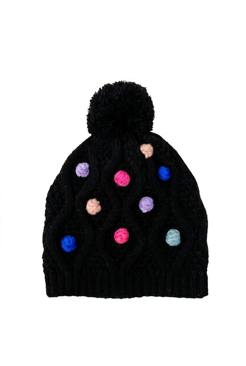 Gorro Infantil Menina Tricô Preto com Pompons Coloridos