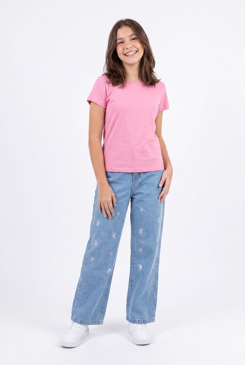 Calça Wide Leg Juvenil Menina Azul Médio Bordado Flores