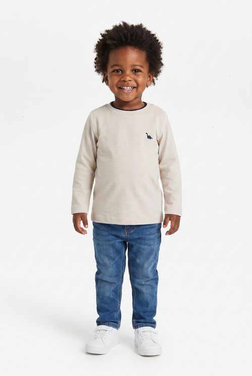 Camiseta Infantil Menino Bege Dinossauro Manga Longa