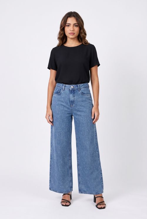 Calça Jeans Wide Leg Feminina Azul Médio com Brilhos