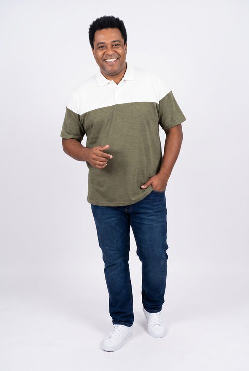 Camisa Polo Masculina Plus Size Piquet Verde e Off-White