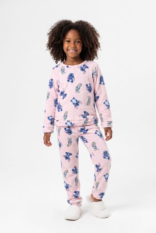 Pijama Infantil Menina Pelúcia Rosa Estampa Stitch