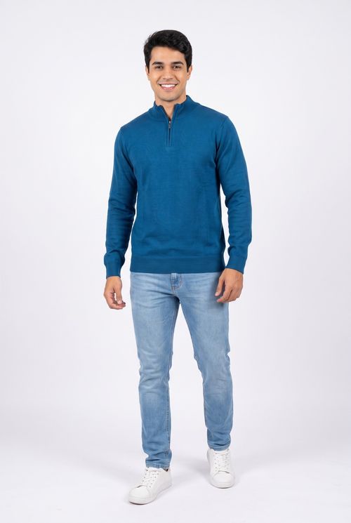 Suéter Masculino em Tricô com Meio Zíper Azul