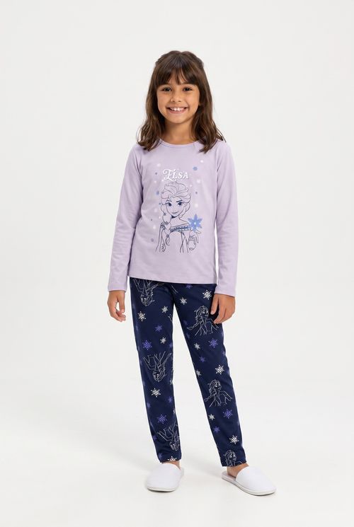 Pijama Infantil Menina Longo Elsa Frozen Lilás e Azul