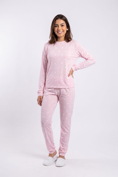 Pijama Feminino de Tricot Estampado Poá Rosa