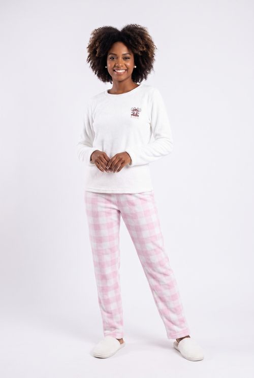 Pijama Feminino Fleece Blusa Off White e Calça Xadrez Rosa