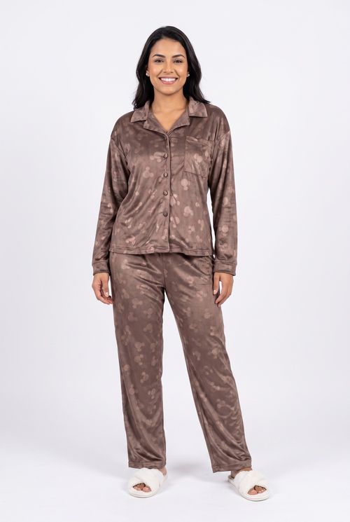 Pijama Americano Feminino Veludo Mickey Marrom