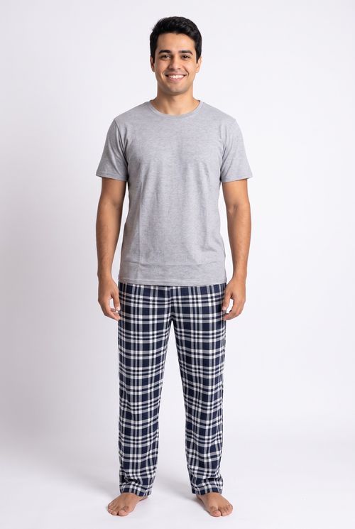 Pijama Masculino Cinza Mescla e Calça Xadrez Azul