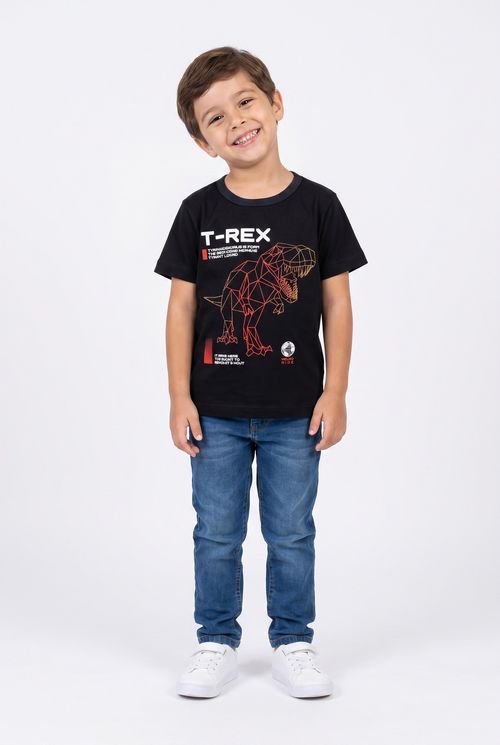 Camiseta Infantil Menino Preta Estampa T-Rex Geométrica