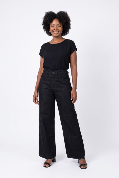 Calça Jeans Feminina Wide Leg Cintura Alta Preta