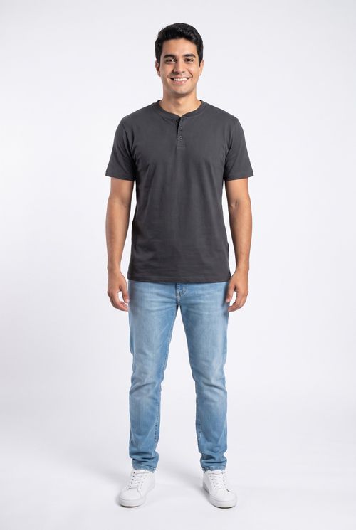 Camiseta Henley Masculina Algodão Cinza Escuro