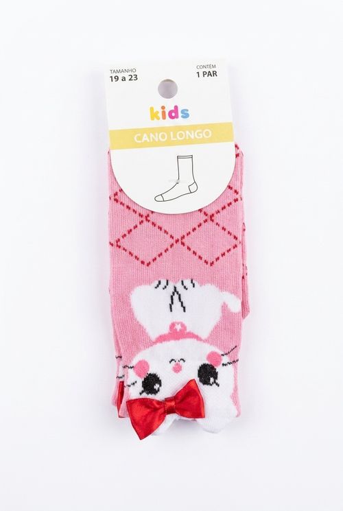 Meia Infantil Menina Rosa Cano Longo Gatinha Laço 3D 19-23
