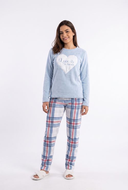 Pijama Feminino Fleece Azul Estampa Love Calça Xadrez