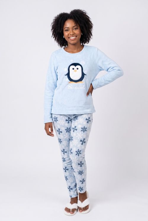 Pijama Feminino de Inverno Fleece Pinguim Azul Claro