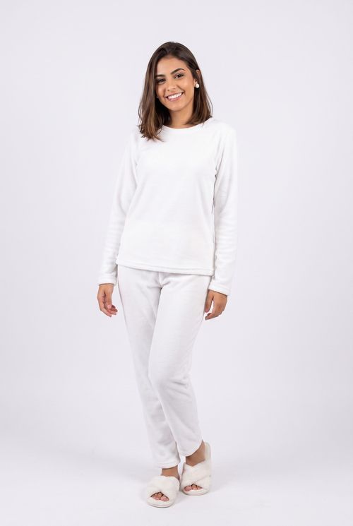 Pijama Feminino de Inverno Fleece Aveludado Off White