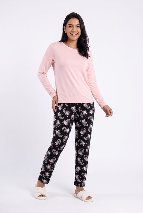 Pijama Feminino Longo Rosa com Calça Estampada Paisley