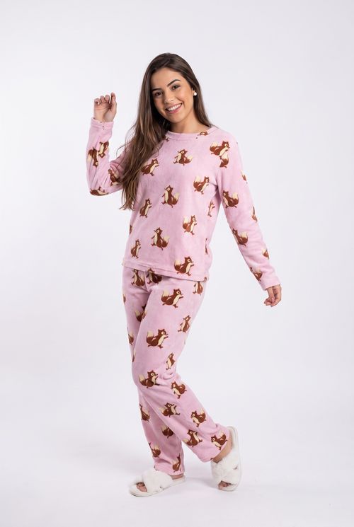 Pijama Feminino Soft Fleece Rosa Estampado Esquilo