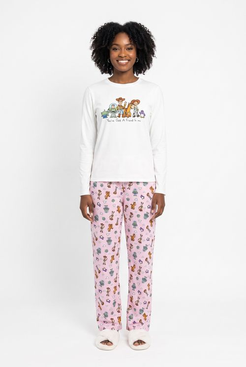 Pijama Feminino Longo Toy Story Friends Branco e Rosa