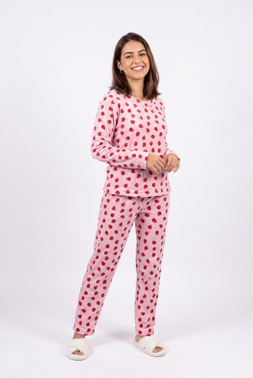 Pijama Feminino em Fleece Estampa Morangos Coral