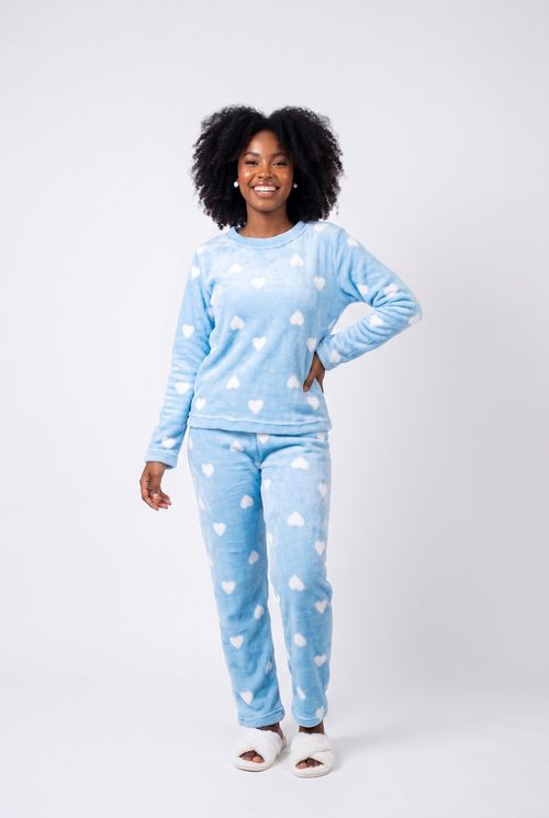 Pijama Feminino Fleece Azul Estampado Corações