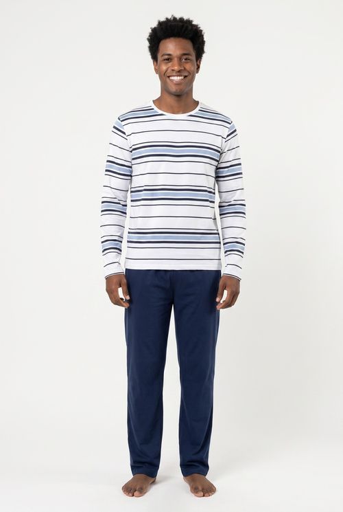 Pijama Masculino Longo Listrado Azul e Branco Caedu