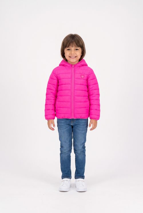 Jaqueta Puffer Infantil Menina Rosa Neon com Capuz