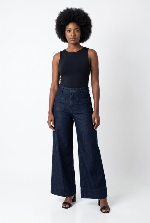 Calça Jeans Feminina Wide Leg Azul Escuro
