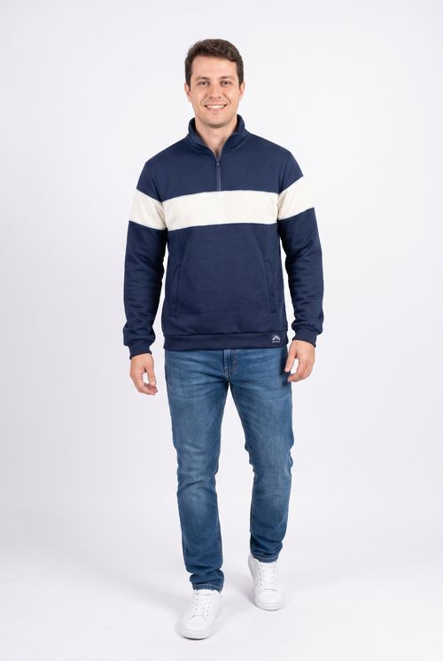 Moletom Masculino Gola Alta com Zíper Azul Marinho
