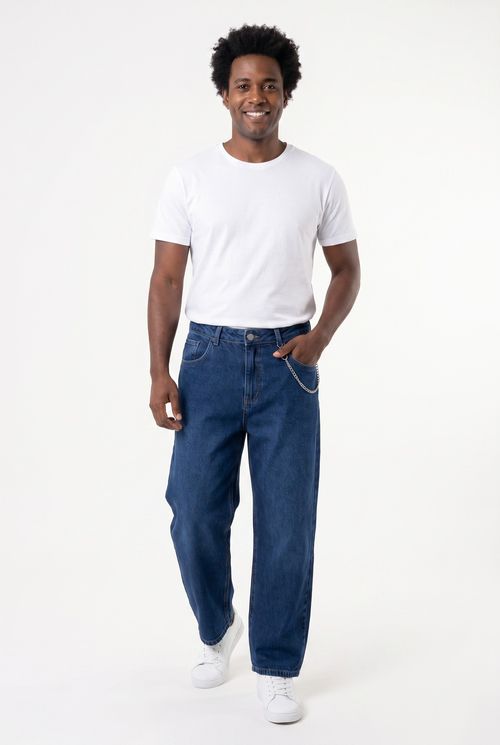 Calça Jeans Masculina Baggy com Corrente Azul Médio
