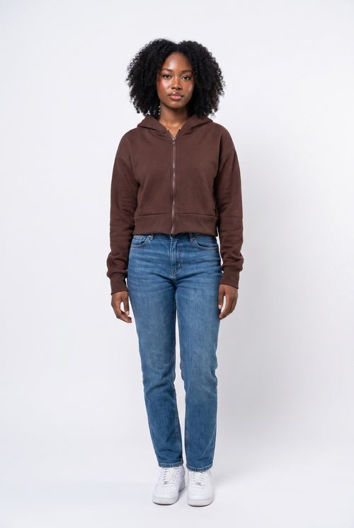 Moletom Feminino Cropped com Zíper Marrom