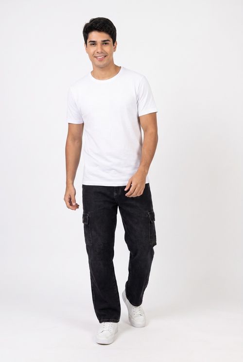 Calça Jeans Masculina Reta Cargo Preta