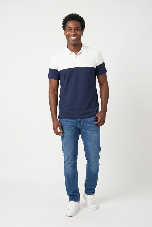 Camisa Polo Masculina Piquet Colorblock Azul e Branco