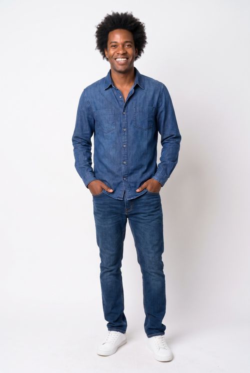Camisa Masculina Jeans Azul Médio